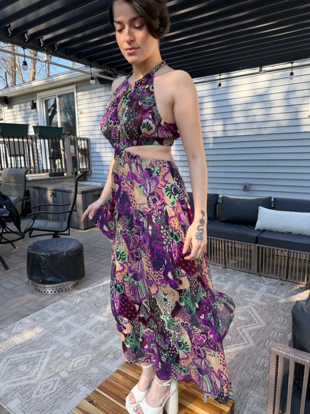 Purple Floral Halter Cutout Maxi Dress